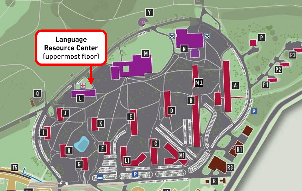 Map of the campus with the location of the HEC Paris Language Resource Center. 